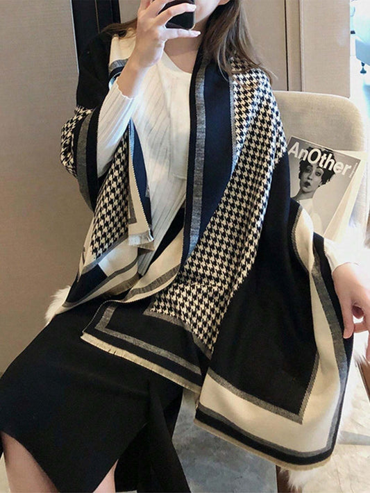 1pc Houndstooth Pattern Black Scarf, Warm & Versatile Shawl