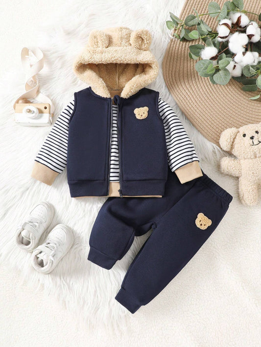 3pcs/Set Baby Boys Striped Crew Neck Sweatshirt, Bear Patch Zip-Up Hooded Vest Jacket, And Pants