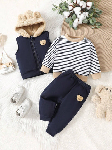 3pcs/Set Baby Boys Striped Crew Neck Sweatshirt, Bear Patch Zip-Up Hooded Vest Jacket, And Pants