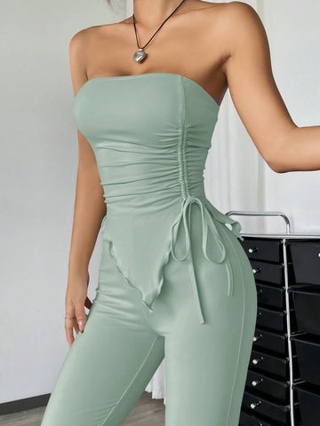 EZwear 2pcs Casual Solid Color Ruched Asymmetric Hem Tube Top And Flared Pants Set