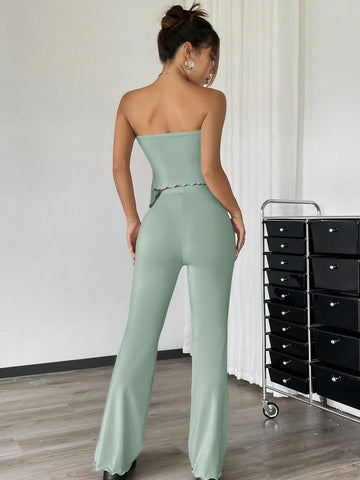 EZwear 2pcs Casual Solid Color Ruched Asymmetric Hem Tube Top And Flared Pants Set