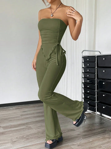 EZwear 2pcs Casual Solid Color Ruched Asymmetric Hem Tube Top And Flared Pants Set