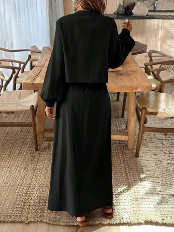 Frenchy Textured Fabric Front Knot Long Sleeve Shirt And Skirt Set