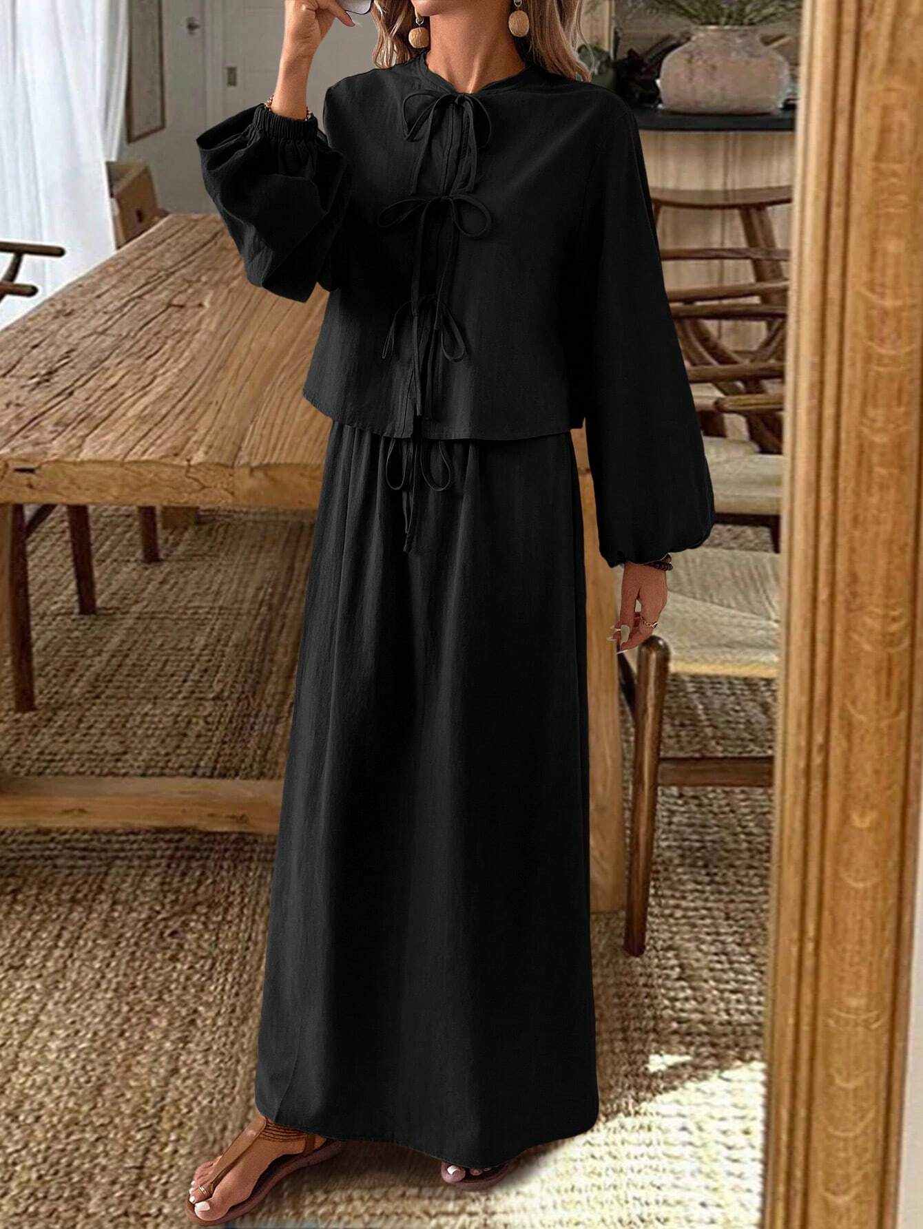 Frenchy Textured Fabric Front Knot Long Sleeve Shirt And Skirt Set