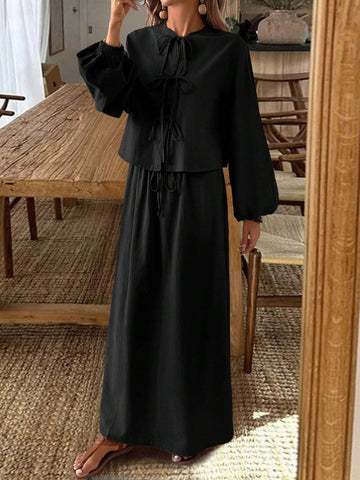 Frenchy Textured Fabric Front Knot Long Sleeve Shirt And Skirt Set