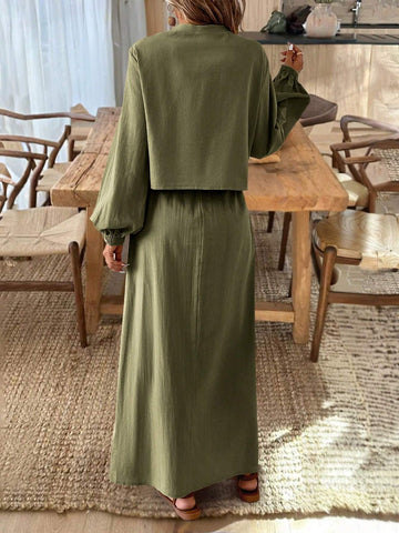 Frenchy Textured Fabric Front Knot Long Sleeve Shirt And Skirt Set