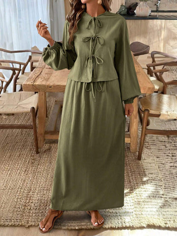 Frenchy Textured Fabric Front Knot Long Sleeve Shirt And Skirt Set