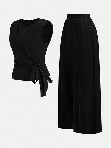 2pcs Set Women Solid Color Side Tie Tank Top And Wide Leg Pants
