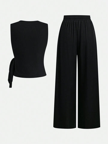 2pcs Set Women Solid Color Side Tie Tank Top And Wide Leg Pants