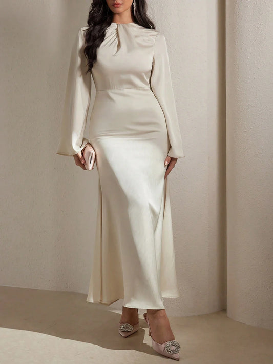 Women's Solid Round Neck Long Sleeve Casual Simple Arabian Style Modest Dress