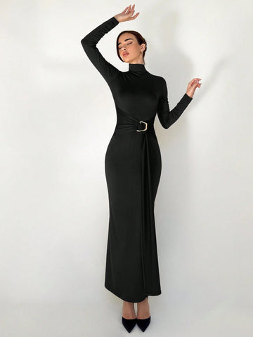 New Slim Fit Warm Stand Collar Long Sleeve Cinched Waist Extra-Long Versatile Knit Dress