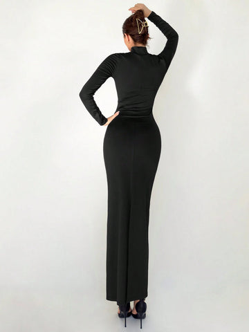 New Slim Fit Warm Stand Collar Long Sleeve Cinched Waist Extra-Long Versatile Knit Dress