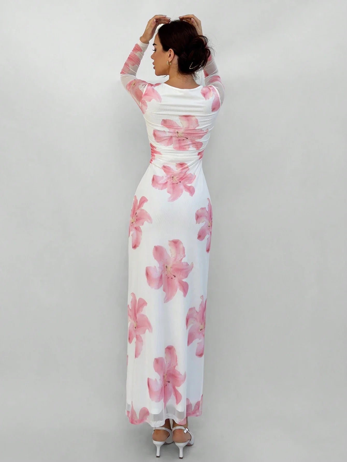 Aloruh Romantic Date Night Floral Print Pleated Long Sleeve Dress