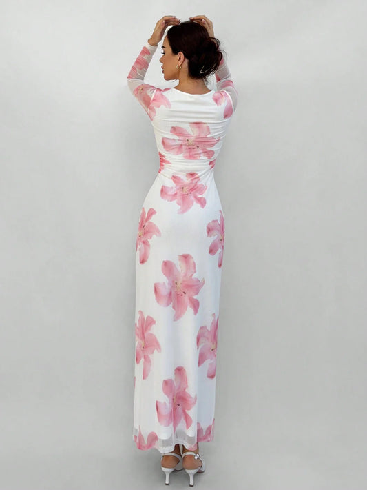 Aloruh Romantic Date Night Floral Print Pleated Long Sleeve Dress