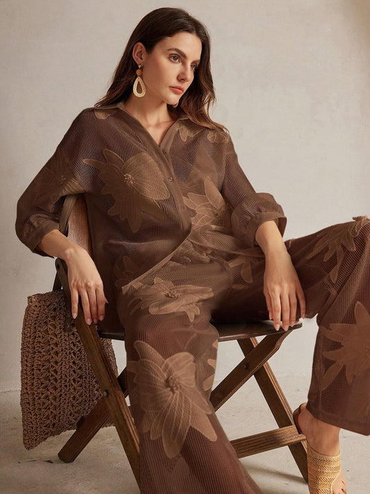 Anewsta 2pcs Romantic Solid Color Hollow Embroidery Floral Casual Set