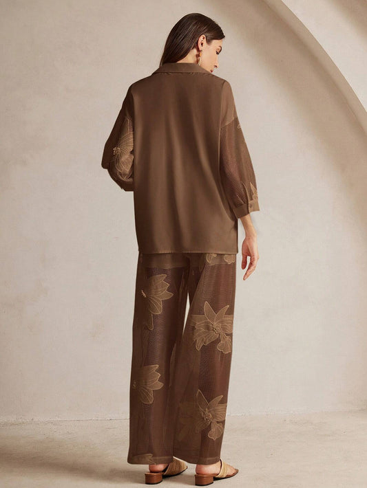 Anewsta 2pcs Romantic Solid Color Hollow Embroidery Floral Casual Set