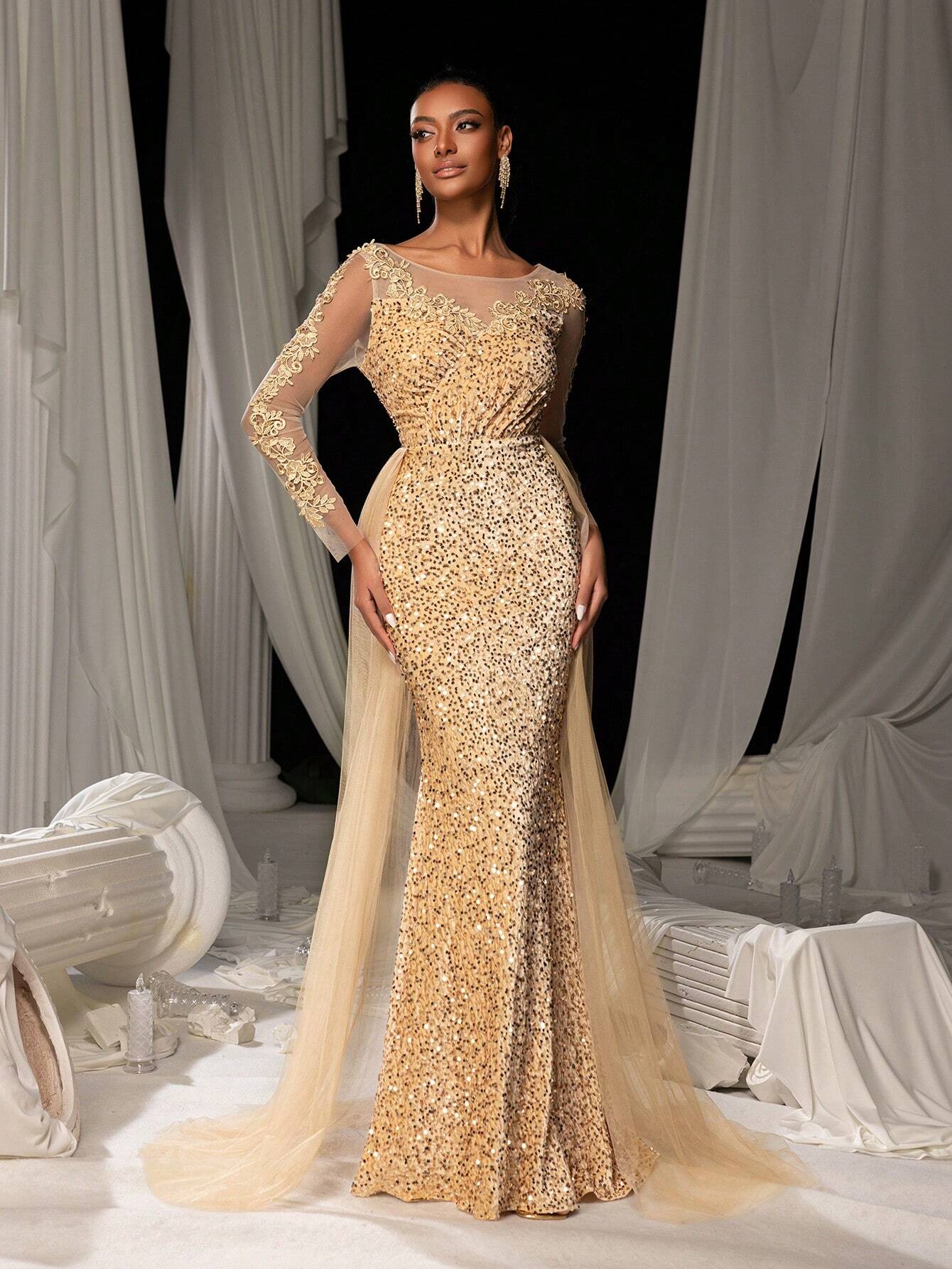 Faeriesty Applique Detail Mesh Overlay Sequin Formal Mermaid Dress