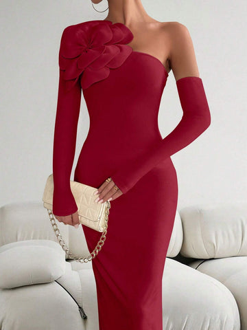 Priv� Women 3D Floral Decor Asymmetric Neckline Long Sleeve Slim Fit Elegant Dress