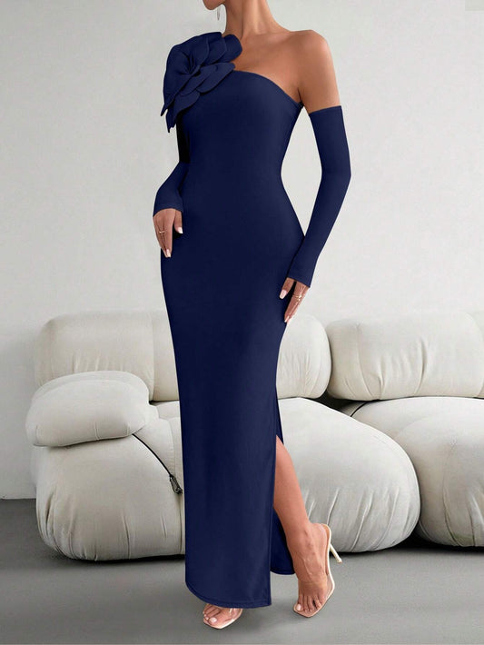 Priv� Women 3D Floral Decor Asymmetric Neckline Long Sleeve Slim Fit Elegant Dress