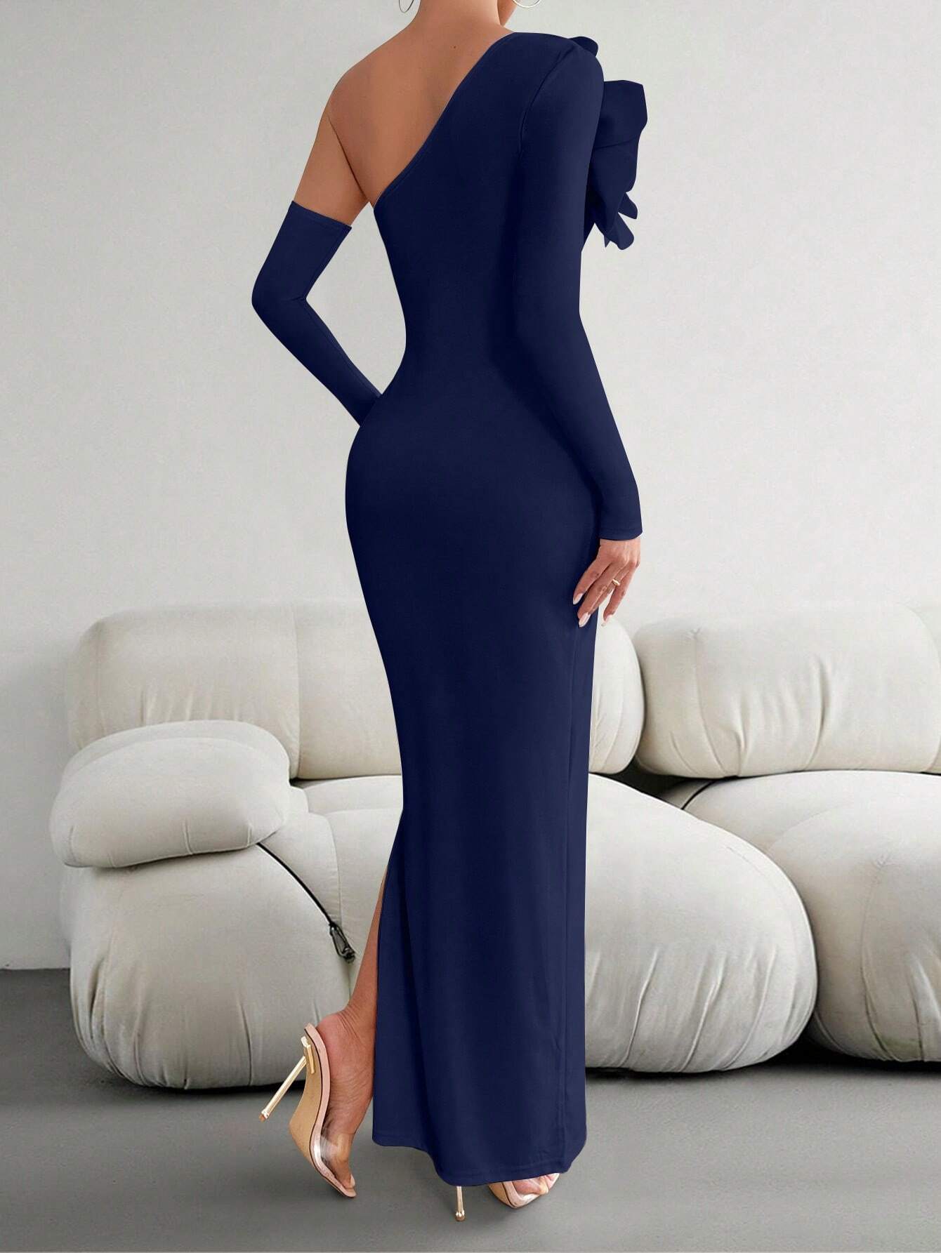Priv� Women 3D Floral Decor Asymmetric Neckline Long Sleeve Slim Fit Elegant Dress