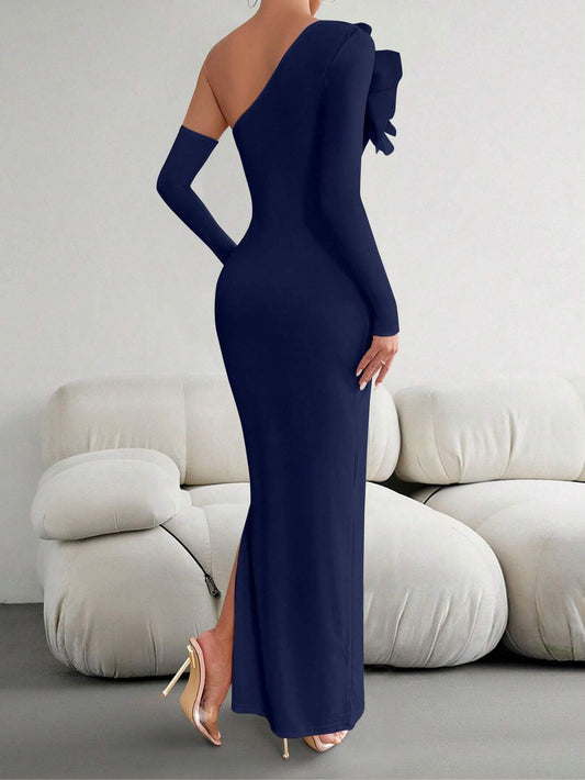 Priv� Women 3D Floral Decor Asymmetric Neckline Long Sleeve Slim Fit Elegant Dress