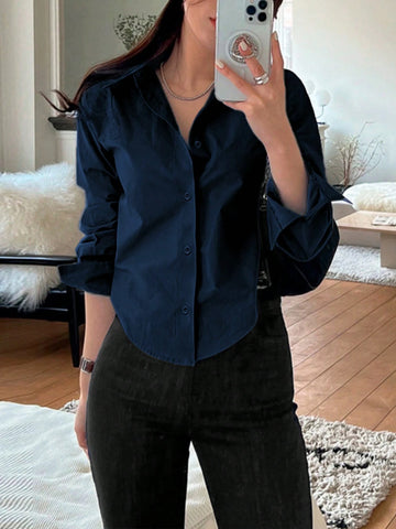 Women's Casual Solid Curved Hem Button Down Shirt