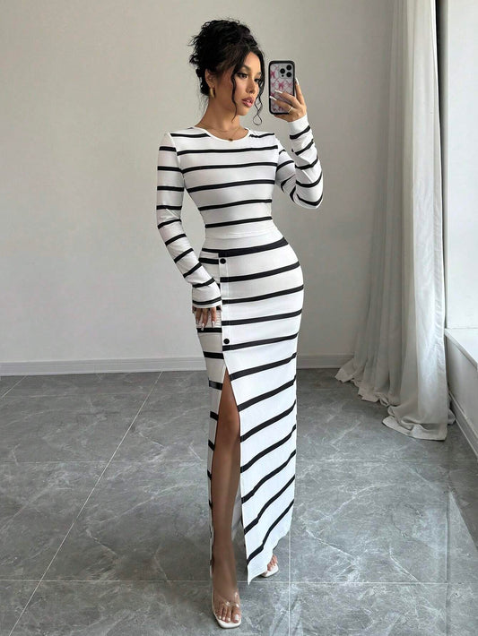 Elenzya 2pcs/Set Black & White Striped Casual Form-Fitting Long Sleeve T-Shirt And Slit Hem Skirt