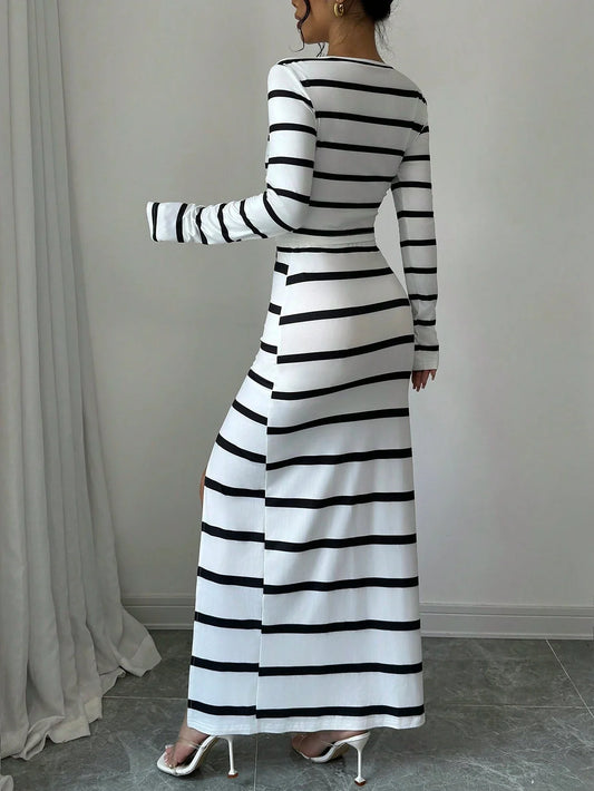 Elenzya 2pcs/Set Black & White Striped Casual Form-Fitting Long Sleeve T-Shirt And Slit Hem Skirt