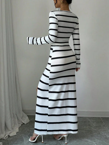 Elenzya 2pcs/Set Black & White Striped Casual Form-Fitting Long Sleeve T-Shirt And Slit Hem Skirt