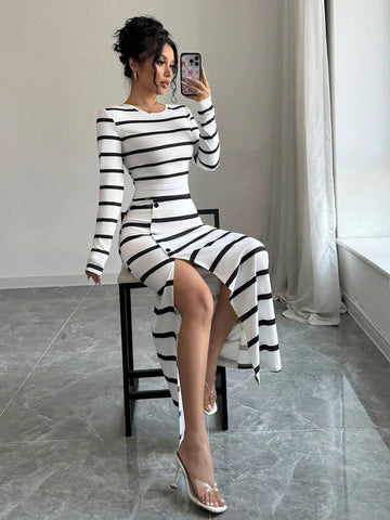 Elenzya 2pcs/Set Black & White Striped Casual Form-Fitting Long Sleeve T-Shirt And Slit Hem Skirt