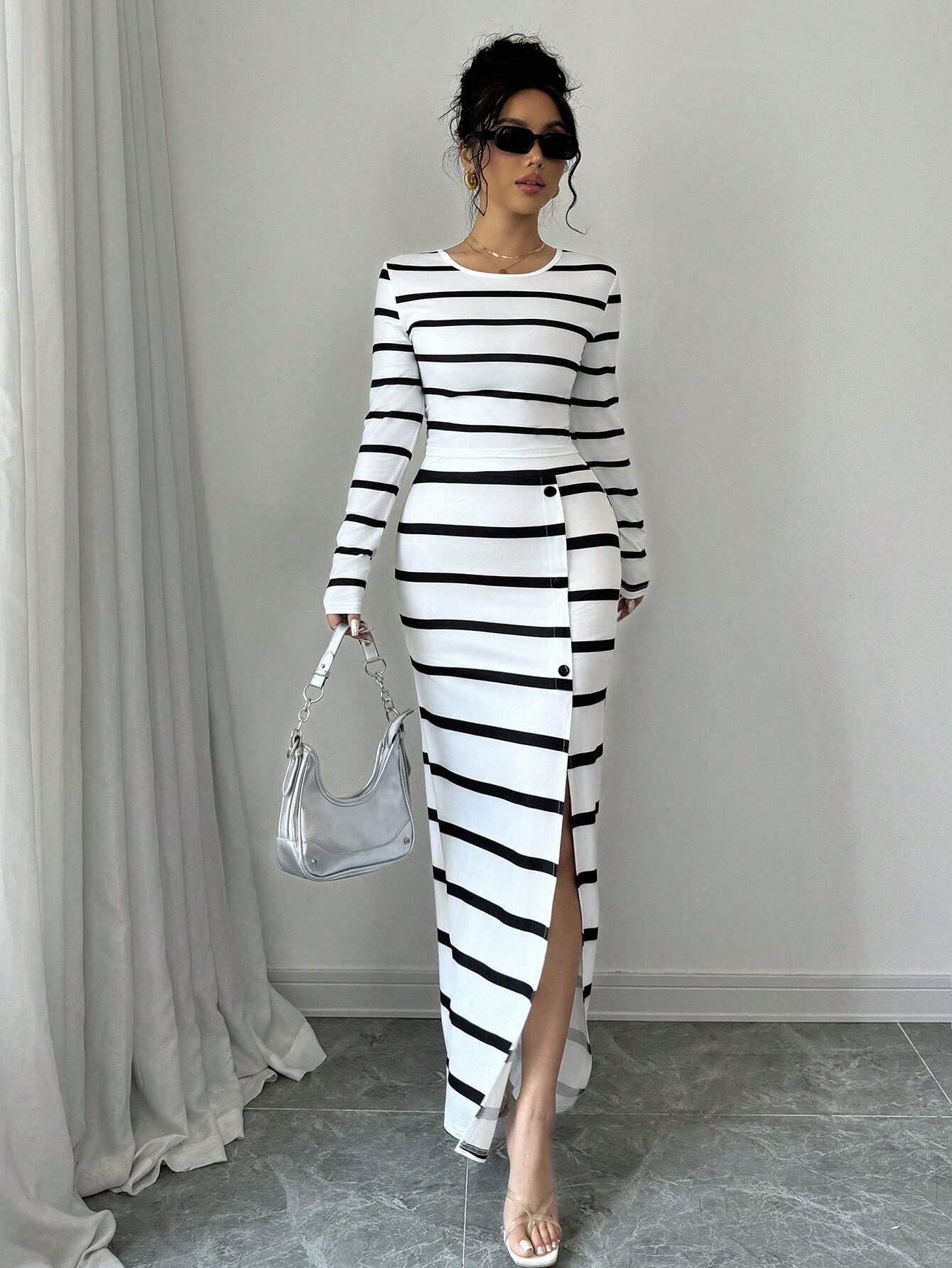 Elenzya 2pcs/Set Black & White Striped Casual Form-Fitting Long Sleeve T-Shirt And Slit Hem Skirt