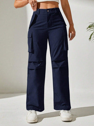 PETITE Solid Flap Pocket Cargo Black Pants