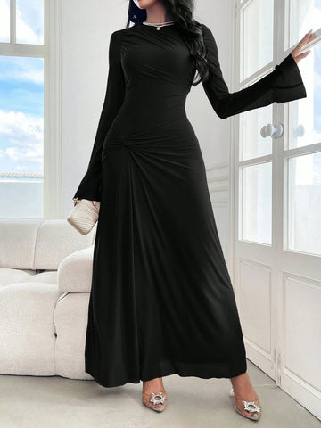 Modely Women's Solid Color Crew Neck Long Sleeve Twist Waist Maxi Elegant Dress