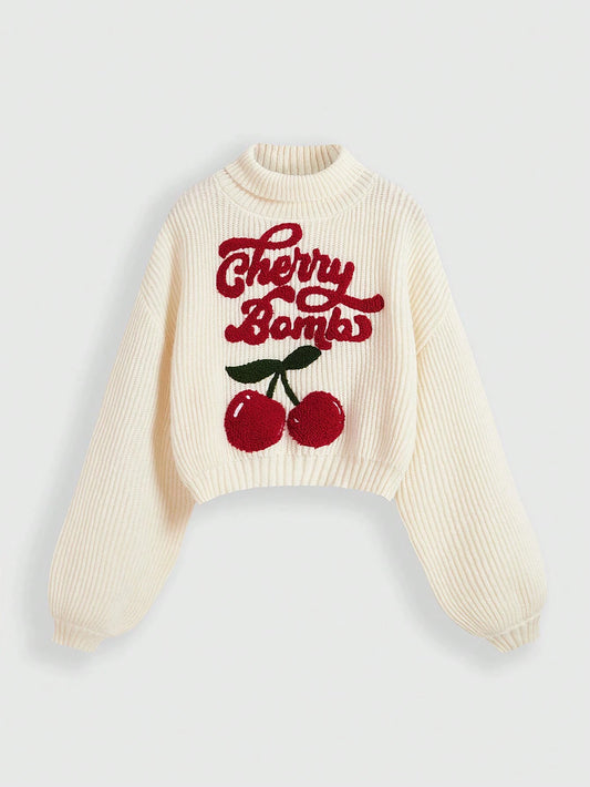 ROMWE Fairycore Cute Innocent Cherry Embroidered Turtleneck Lantern Sleeve Sweater