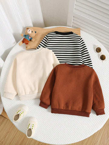 3pcs Baby Boy Casual Cartoon Solid Color Long Sleeve Sweatshirt Sets