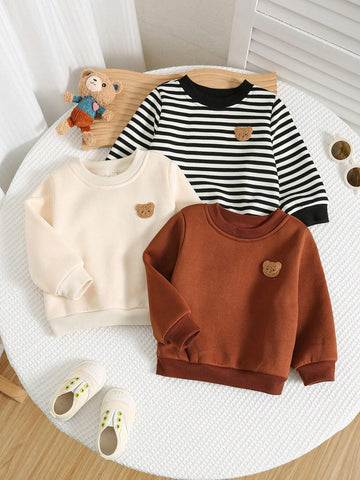 3pcs Baby Boy Casual Cartoon Solid Color Long Sleeve Sweatshirt Sets