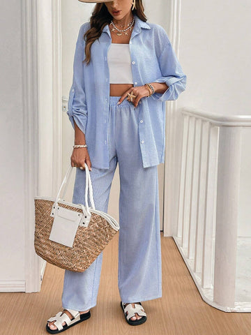 Women's Solid Color Single-Breasted Roll-Up Sleeve Shirt And Wide-Leg Pants