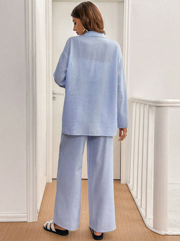 Women's Solid Color Single-Breasted Roll-Up Sleeve Shirt And Wide-Leg Pants