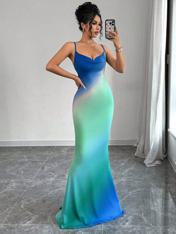 Privé Ombre Draped Collar Mermaid Hem Cami Dress