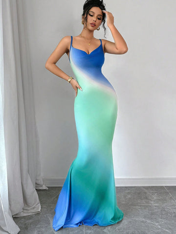 Privé Ombre Draped Collar Mermaid Hem Cami Dress