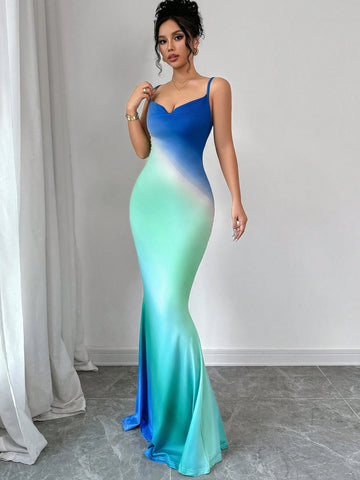 Privé Ombre Draped Collar Mermaid Hem Cami Dress