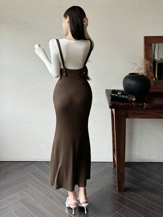 DAZY 2pcs Women Solid Color Round Neck Long Sleeve T-Shirt And Elegant Fitted Fishtail Hem Pinafore Dress