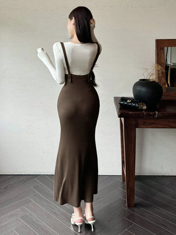 DAZY 2pcs Women Solid Color Round Neck Long Sleeve T-Shirt And Elegant Fitted Fishtail Hem Pinafore Dress