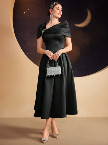 Modelyn Ladies Solid Color Asymmetrical Neckline Dress With Rhinestone Embellishment