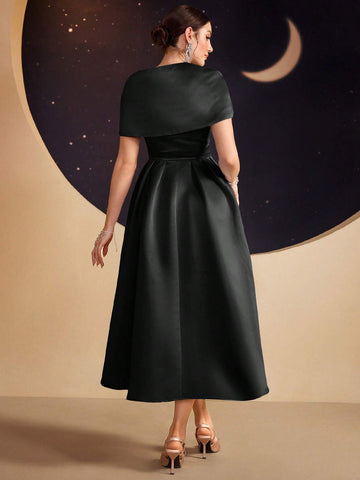 Modelyn Ladies Solid Color Asymmetrical Neckline Dress With Rhinestone Embellishment