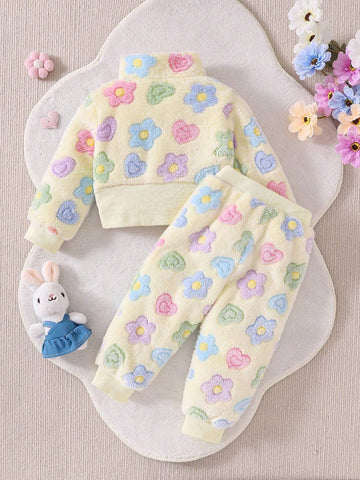 2pcs Set Baby Girls Floral Furry Zip Jacket And Furry Pants