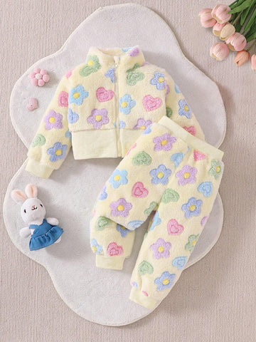 2pcs Set Baby Girls Floral Furry Zip Jacket And Furry Pants