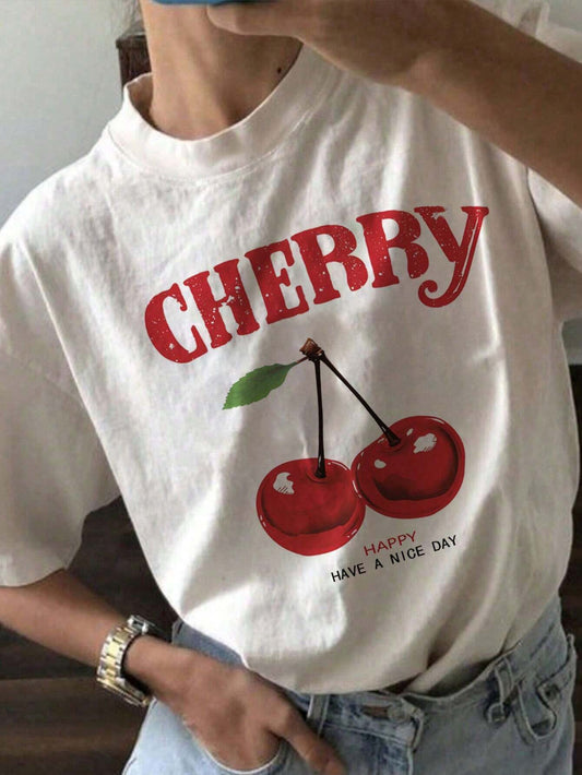 EZwear Oversized Casual Cherry Pattern Round Neck Short Sleeve T-Shirt