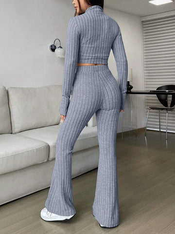 EZwear Spring ClothesWomen's Two Piece Set With Ribbed Long Sleeve Top And Flared Pants