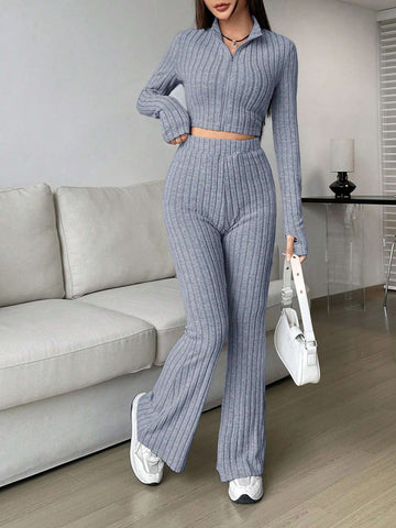 EZwear Spring ClothesWomen's Two Piece Set With Ribbed Long Sleeve Top And Flared Pants